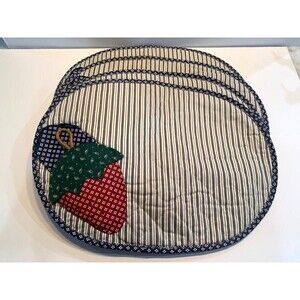 Cottage Core Fabric Placemat Set of 4 Strawberry Applique Pocket Fiber Filled